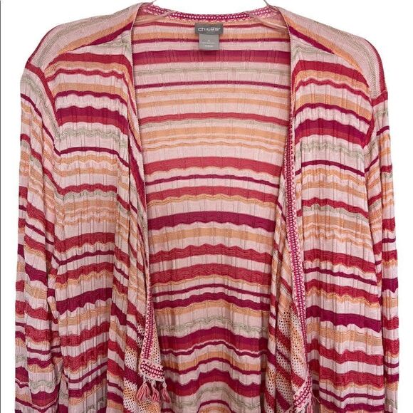 Chico’s Pink Wave Stripe Tassel Boho Open Front Cardigan Size XXL - Picture 6 of 12